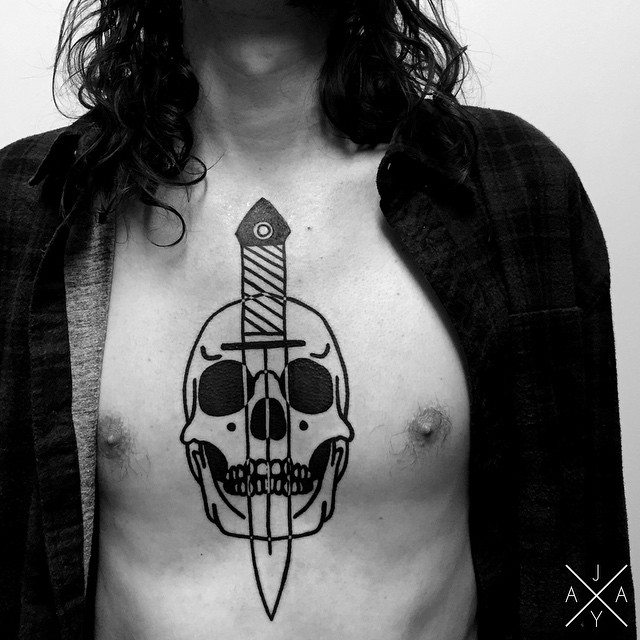 Dagger Through Skull tattoo on Chest