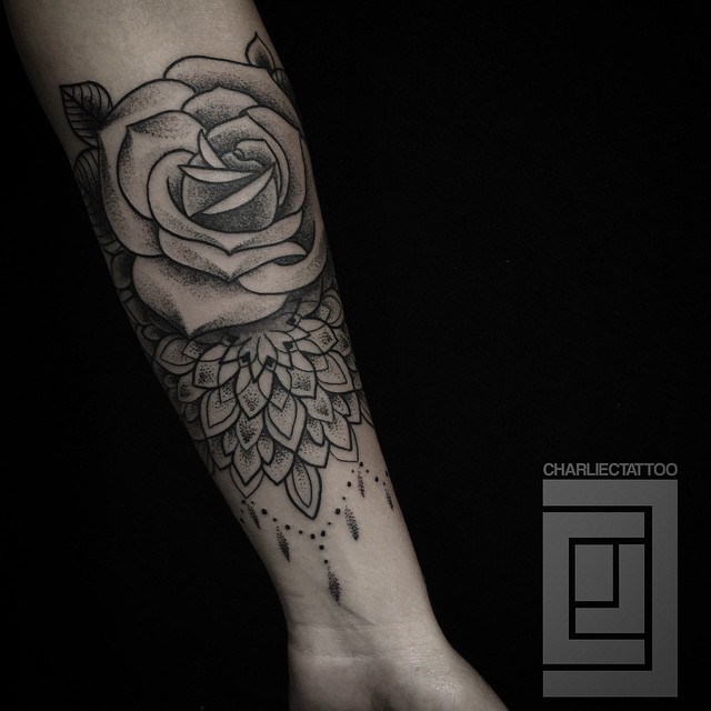 Dotwork Rose Baroque tattoo