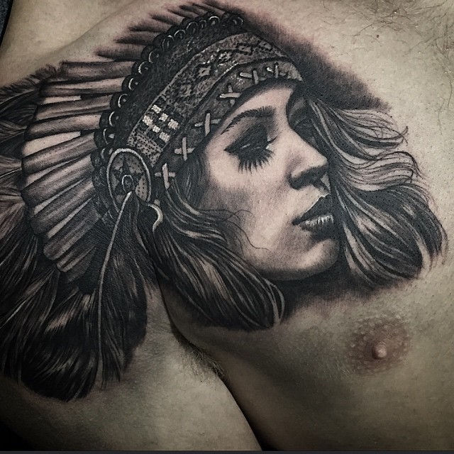 Feather Hair Graphic Girl Indian tattoo