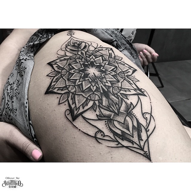 One Side Sharpen Mandala tattoo on Thigh