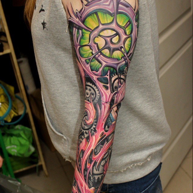 Organic Cogwheel Biomechanical Tattoo Sleeve