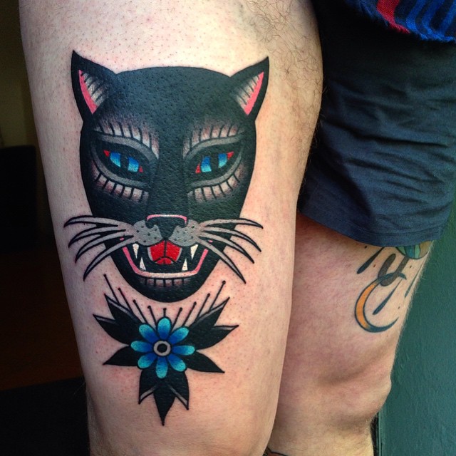 Thigh Flower and Cat tattoo