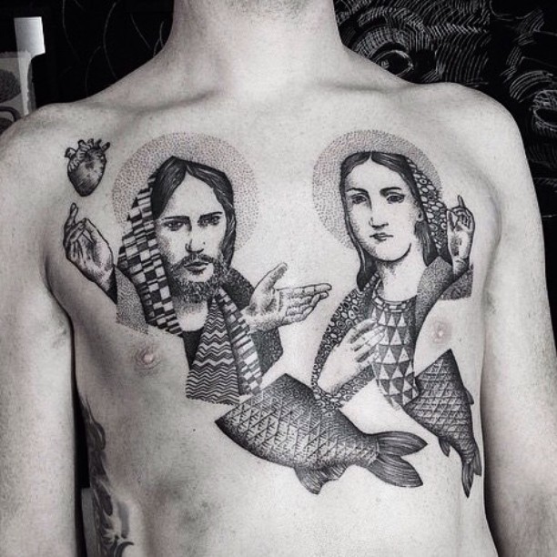 Jesus and Mary Tattoo on Chest