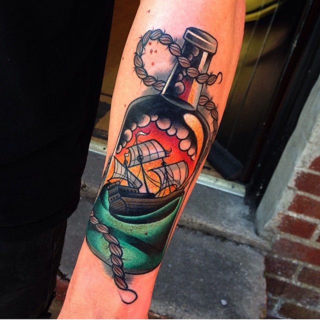 New School Ship in Bottle tattoo