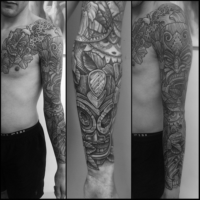 Aztec Stone Masks Tattoo Sleeve