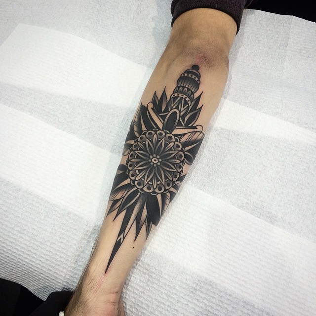 Black Arm Dagger Stabbed Flower Tattoo