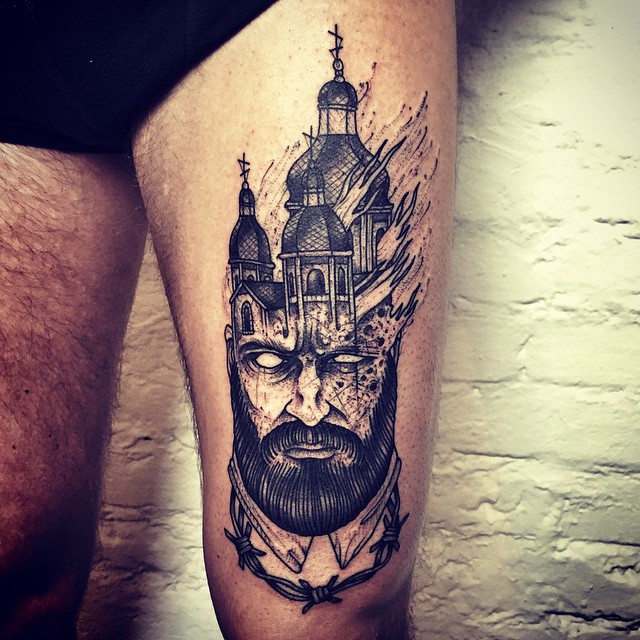 Burning Church in Head Tattoo on Thigh