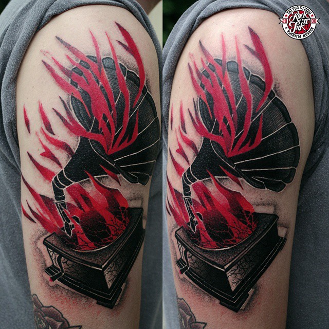 Burning Gramophone Shoulder Tattoo