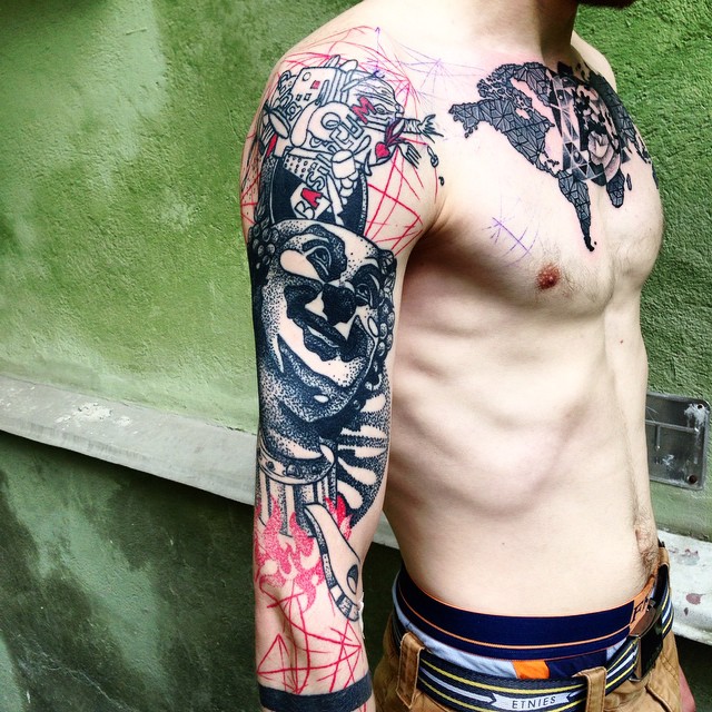 Chest and Sleeve Trash Polka Tattoo