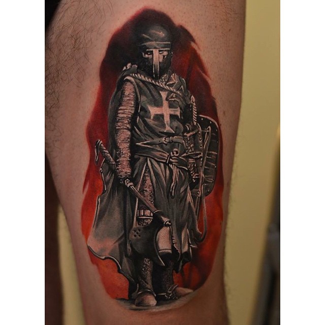 Crusader Knight Tattoo on Thigh