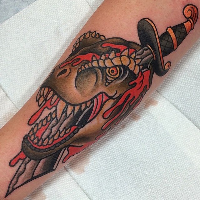 Dagger Stabbed T-Rex Tattoo