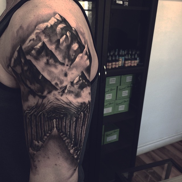 Dark Mountain Road Tattoo on Shoulder