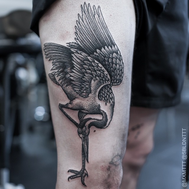 Dotwork Head Down Crane Tattoo