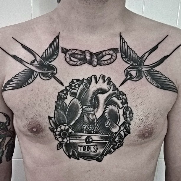 Graphic Heart Tool Box Chest Tattoo