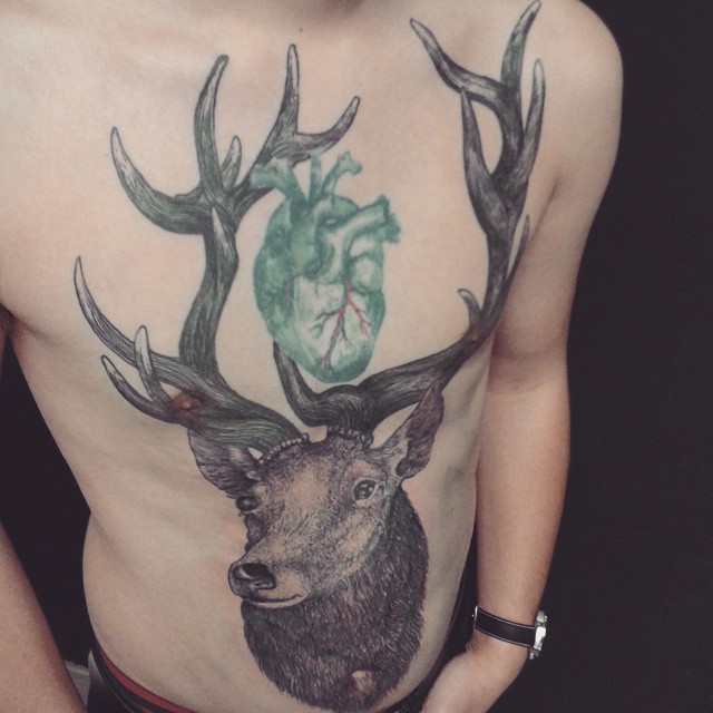 Green Heart Stag Tattoo