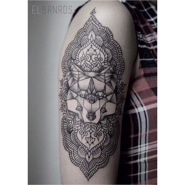 Line Dotwork Ornament Wolf Tattoo