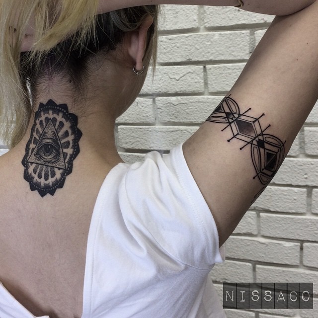 Neck and Arm Blackwork Tattoo