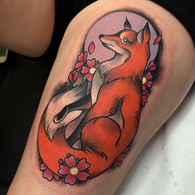 Neo Traditional Fox Tattoo on Thigh