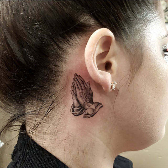 Praying Hands Tattoo Behind Ear