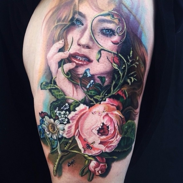 Realistic Girl Portrait Tattoo on Hip