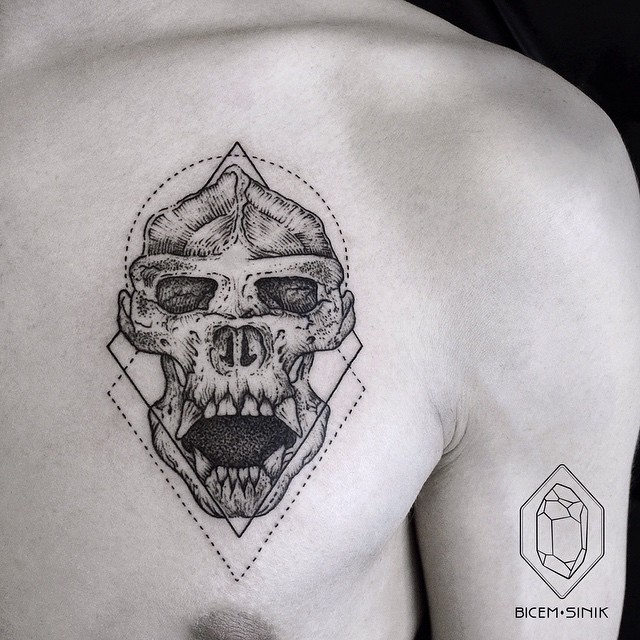 Skull of Demon Chest Tattoo