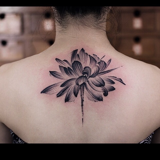 Uneven Brush Lotus Tattoo on Back