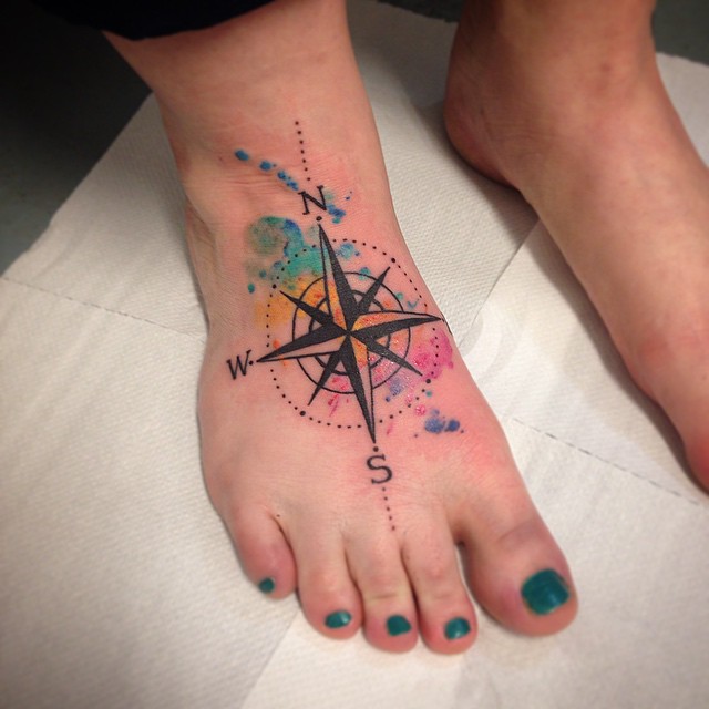 Watercolor Compass Foot Tattoo