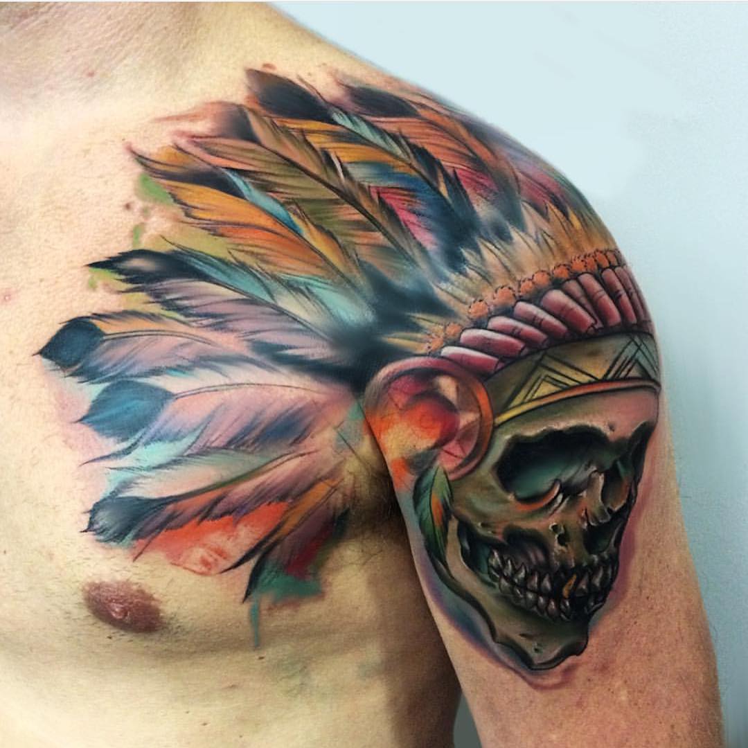 Indian Skull Tattoo on Shoulder