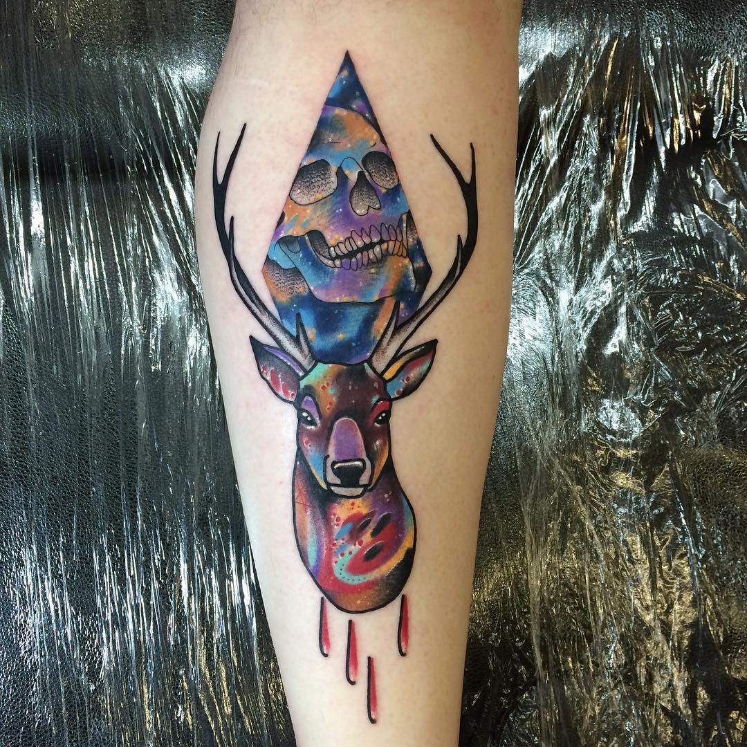 Blood Stag Skull Tattoo