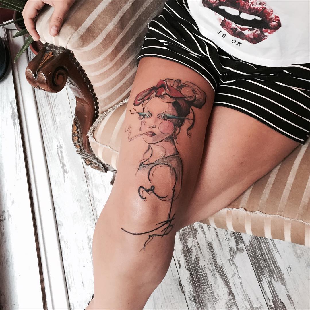 Last Century Girl Tattoo on Thigh