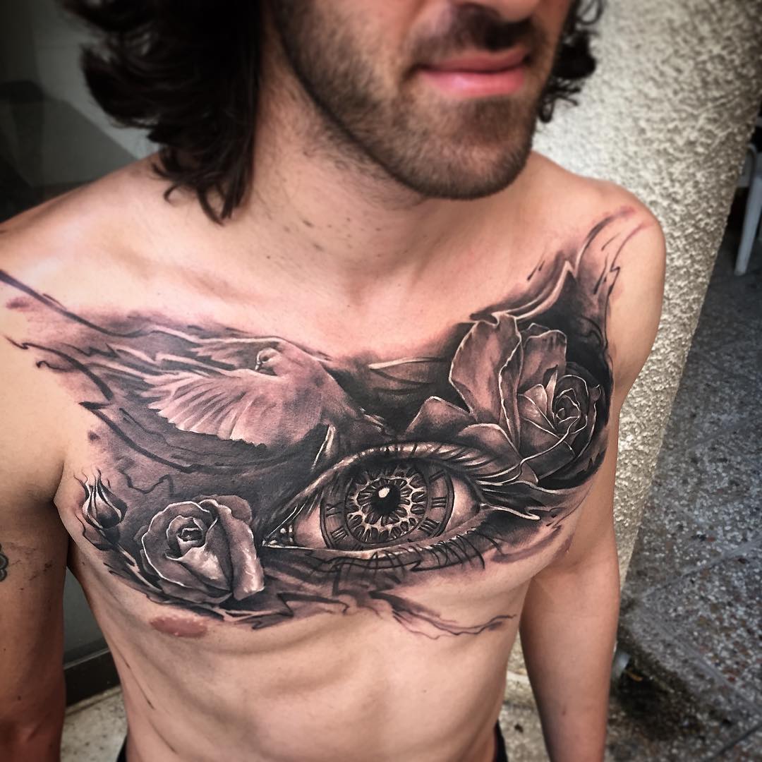 Rose Dove Eye Tattoo on Chest