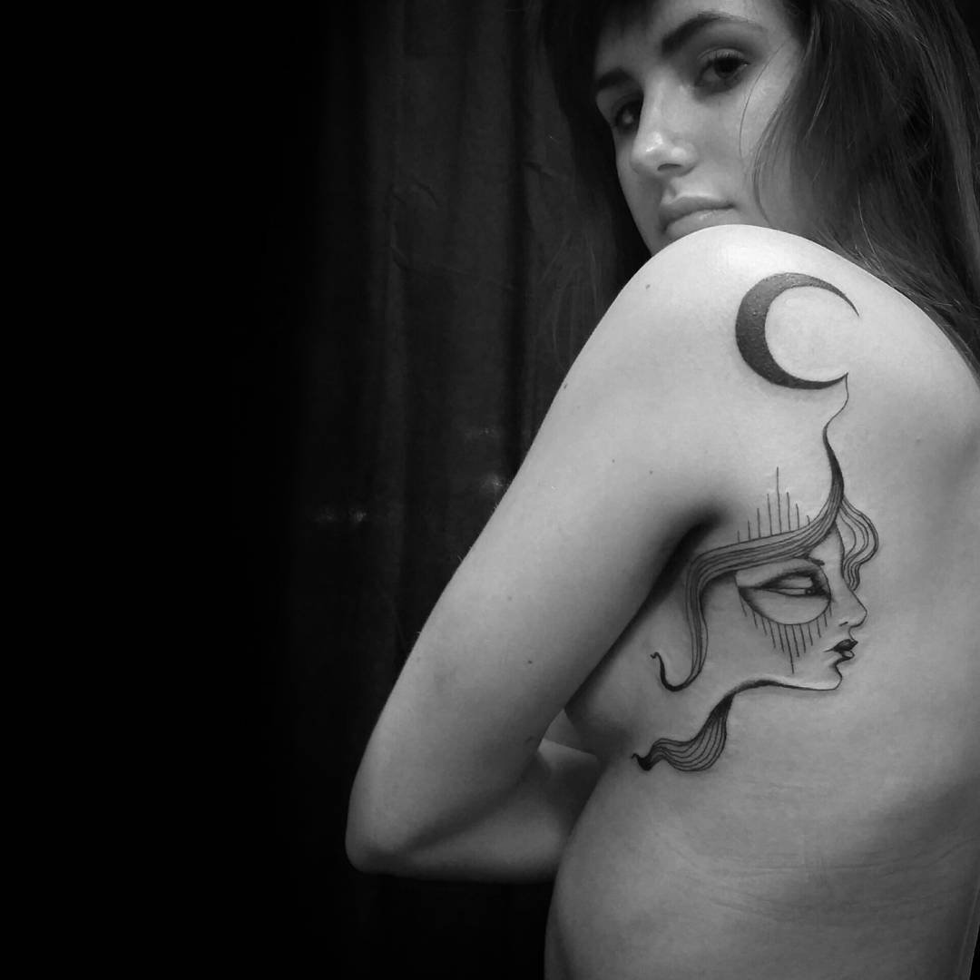 Shoulder Moon Face Tattoo