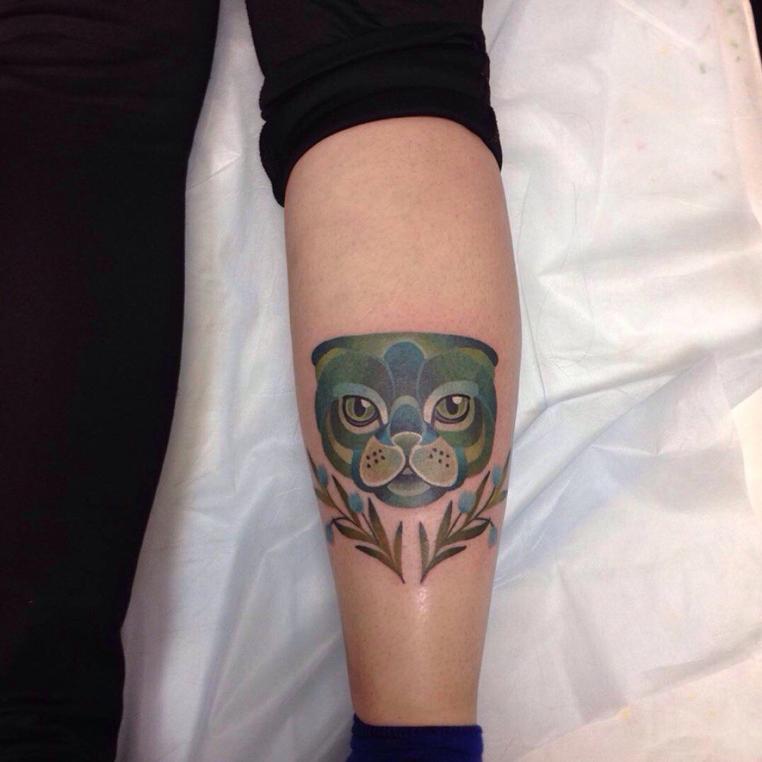 Calf Cat Face Tattoo