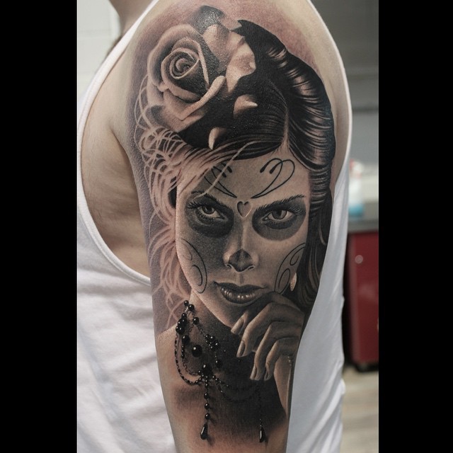 Beautiful Santa Muerte Girl Tattoo on Shoulder