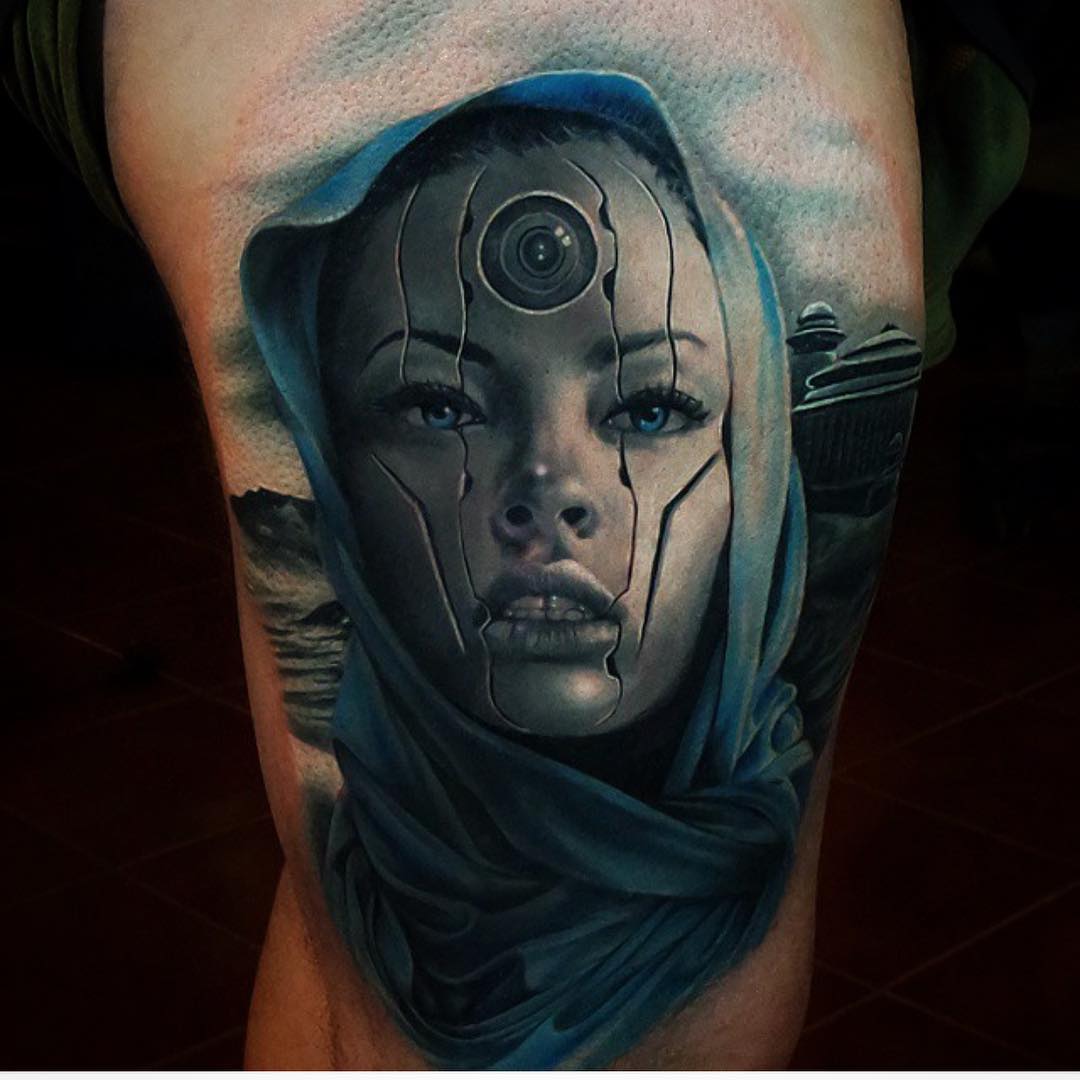 Futuristic Girl Tattoo on Thigh