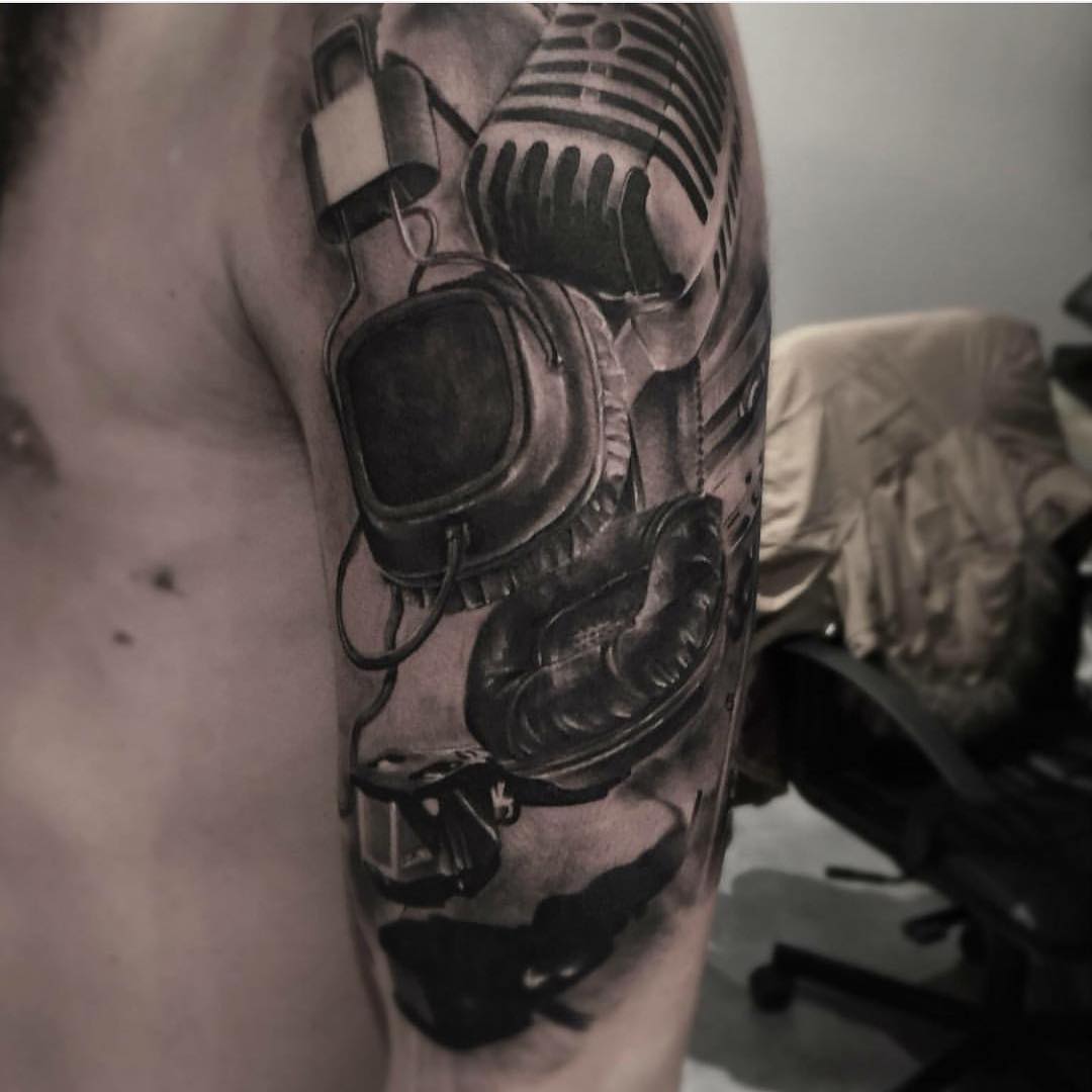 Graphic Headphones Tattoo on Shoulder