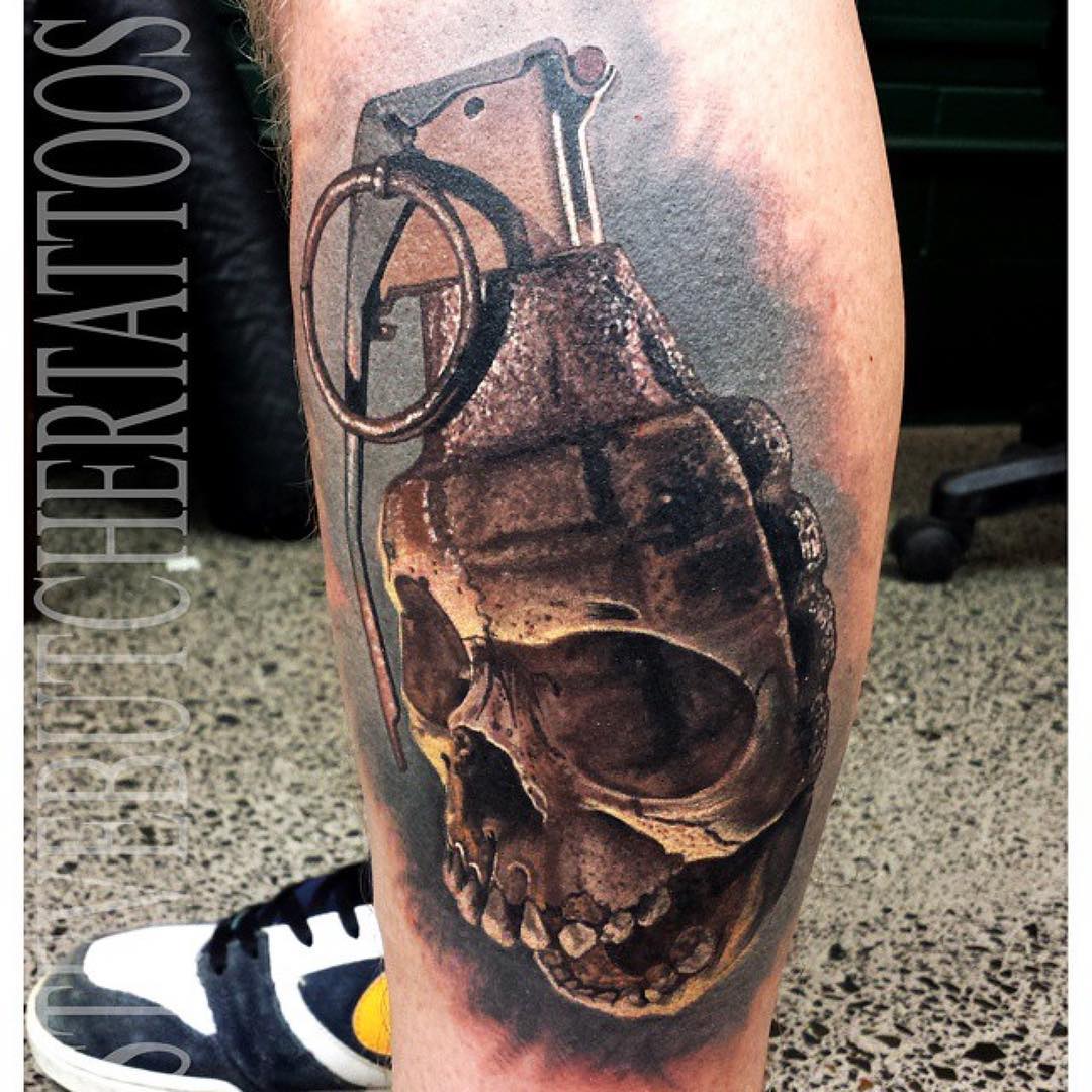 Grenade Skull Tattoo on Calf