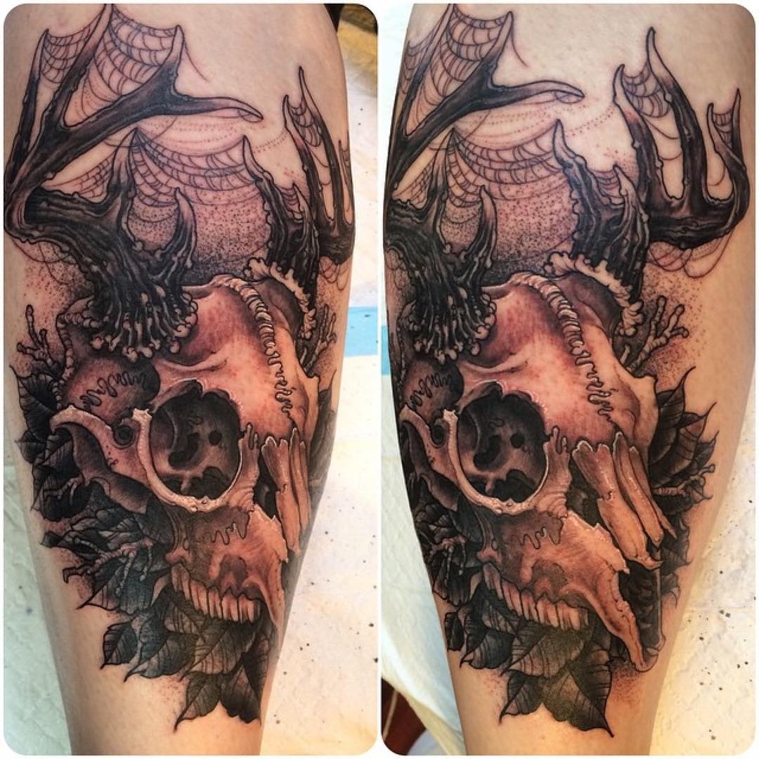 Stag Skull Tattoo on Calf