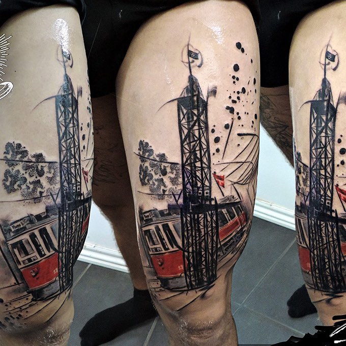 Tram Tattoo on Thigh