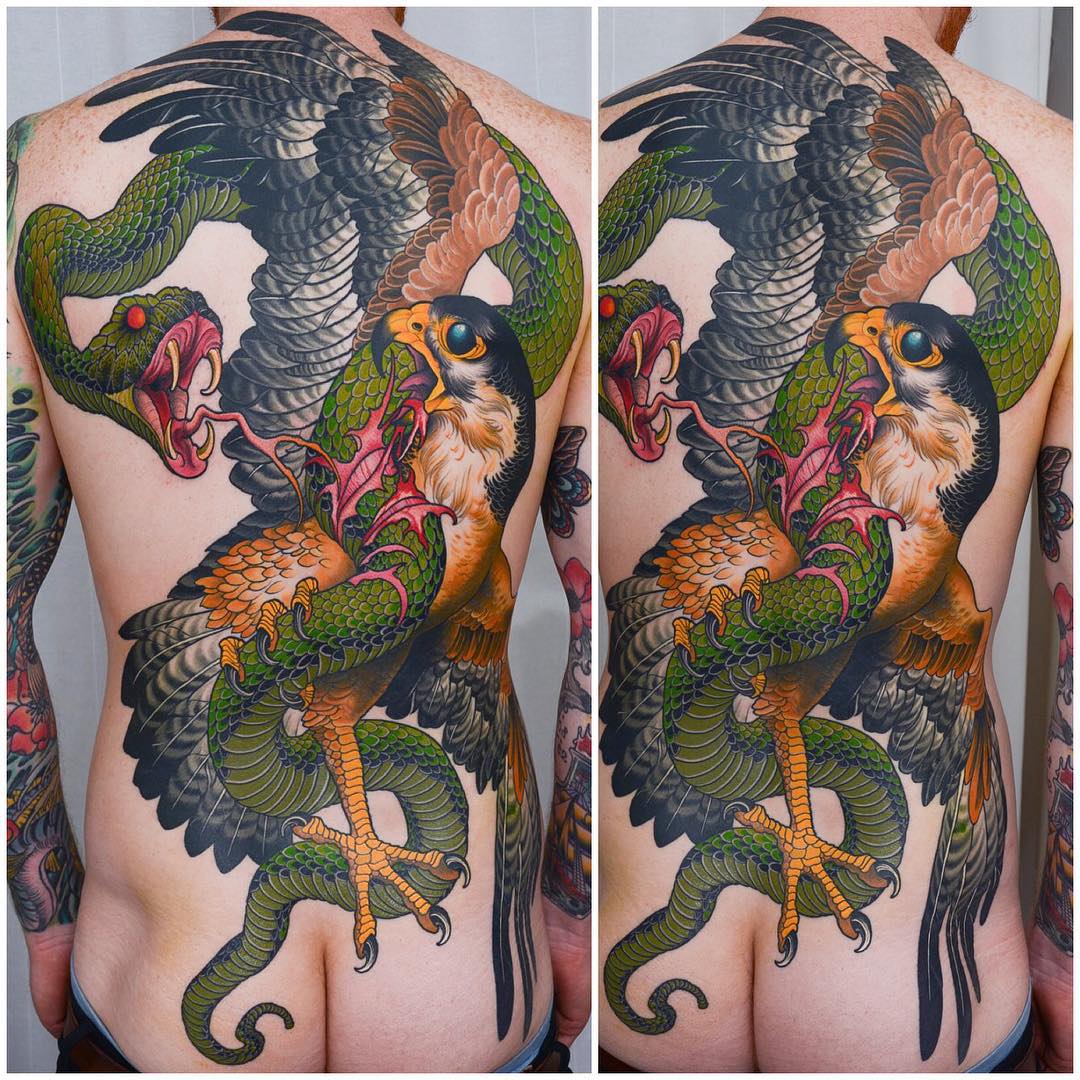 Falcon VS Snake Tattoo Full Back