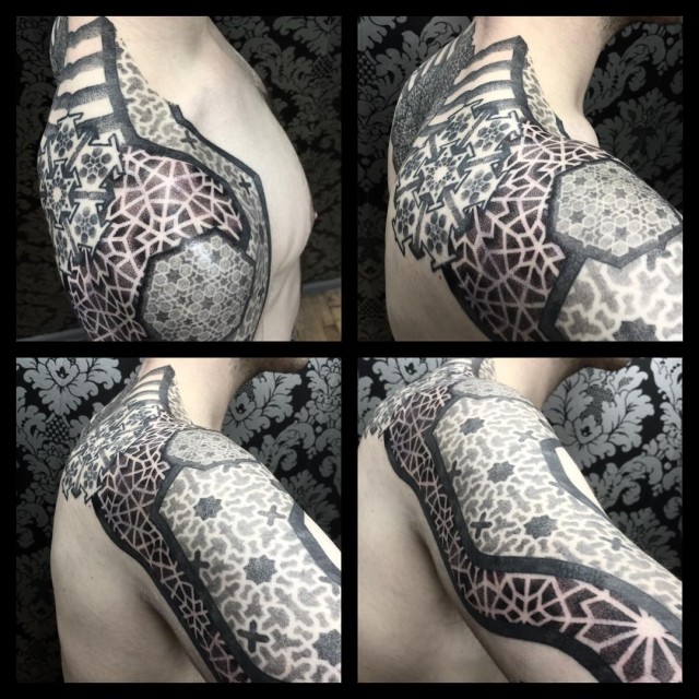 dotwork tattoo on back and shoulder