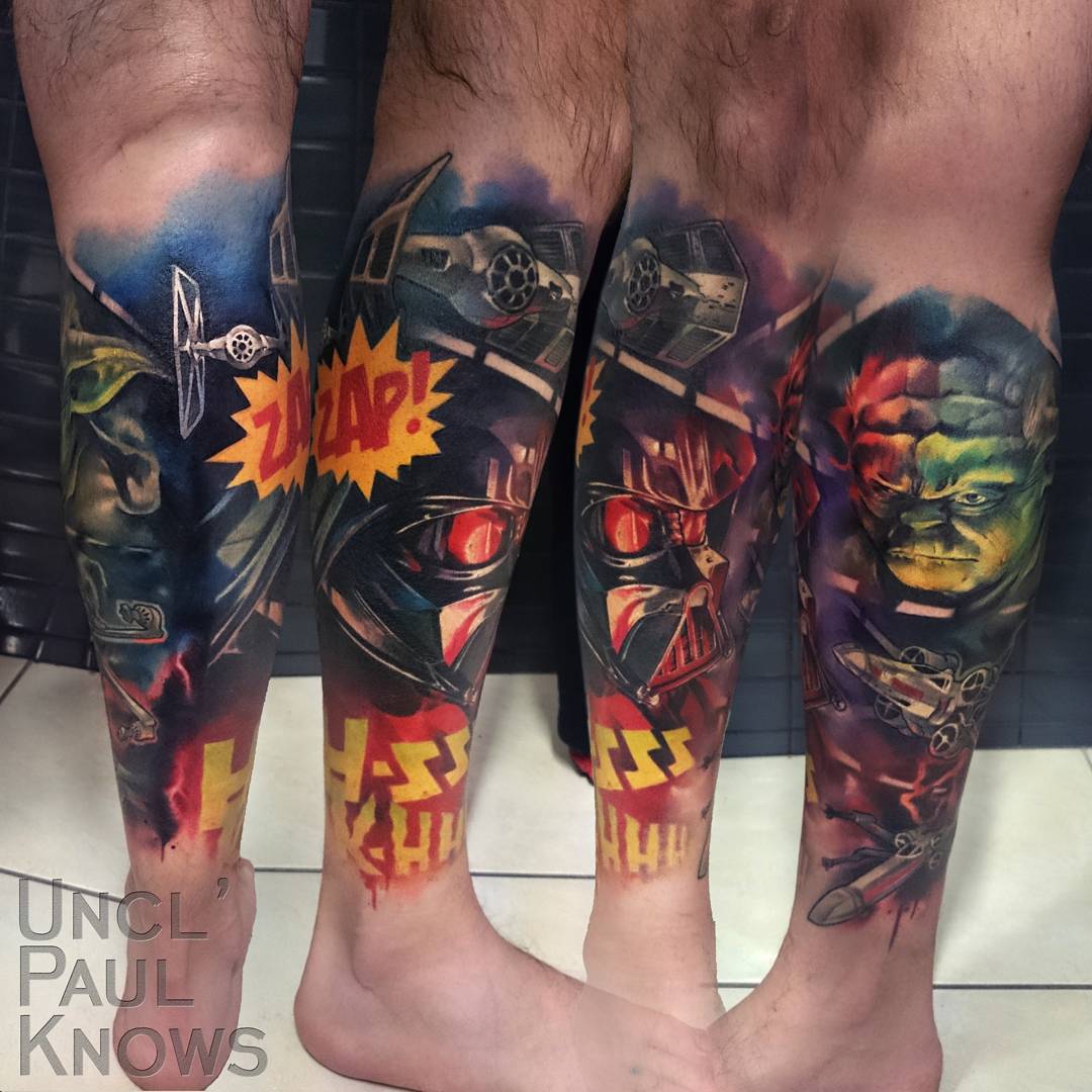 star wars tattoo with yoda and darth vader loking like a comic book page