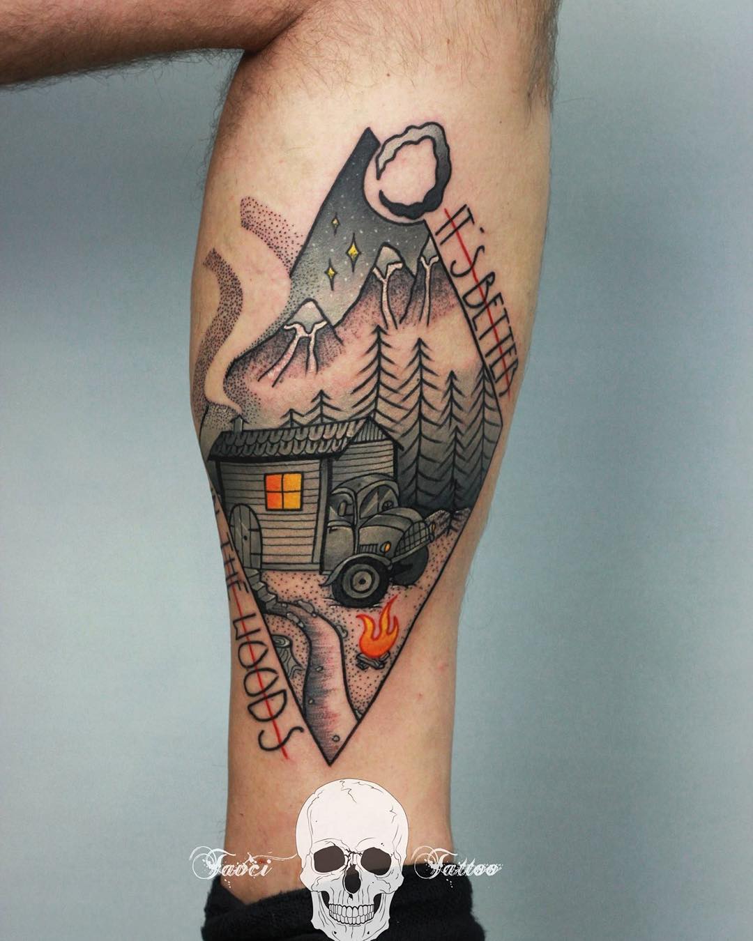 strange landscape of some hut in woods tattoo on leg