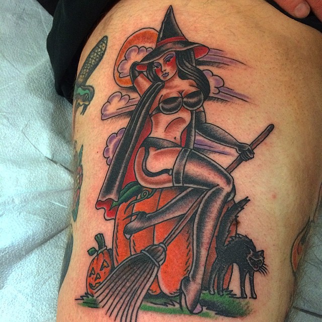 Broom Witch on Pumpkin Tattoo