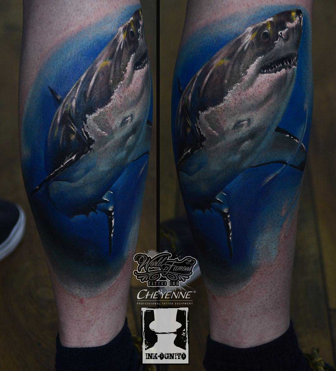 leg shark tattoo