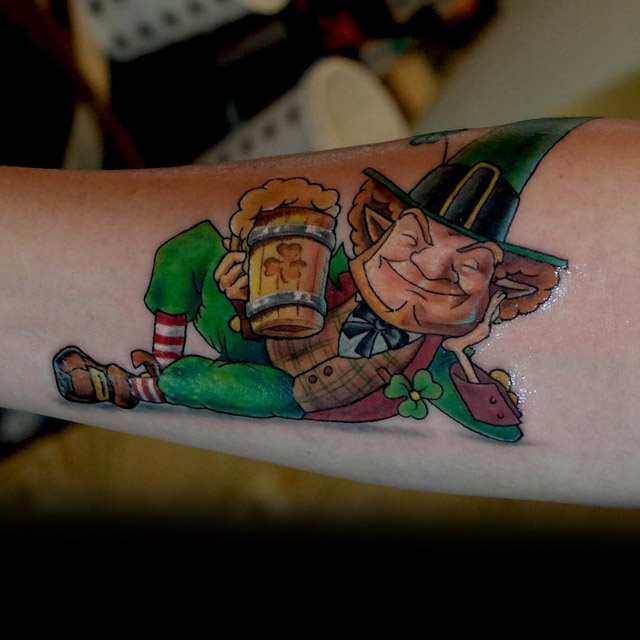 drunk leprechaon tattoo on arm