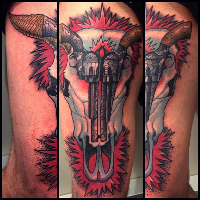 Skull tattoo bull and pistols