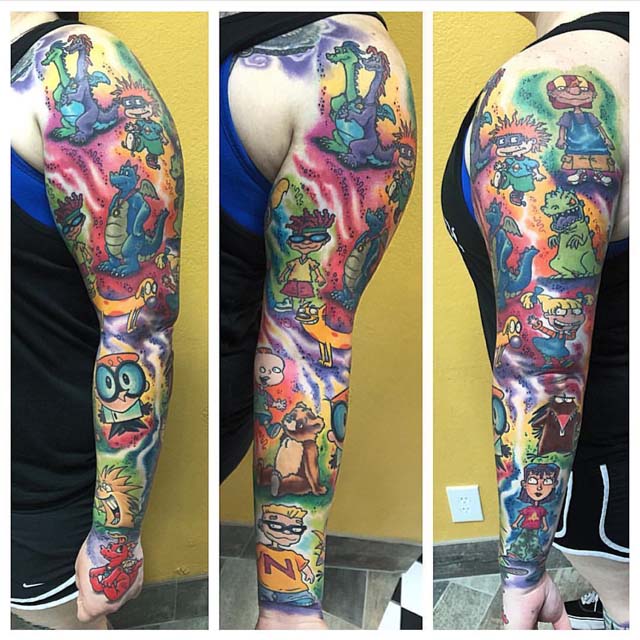 sleeve tattoo of cartoons carachters