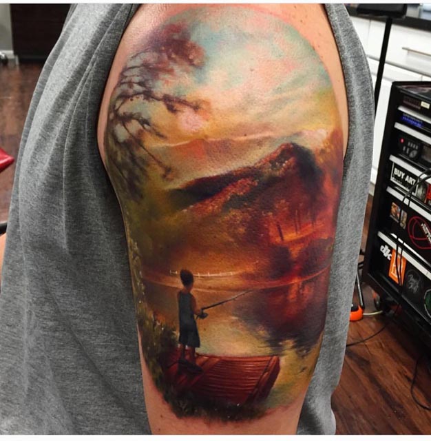 landscape fishing tattoo realism