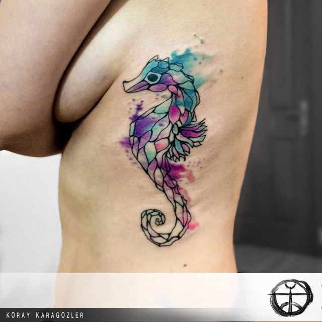 rib tattoo seahorse watercolor